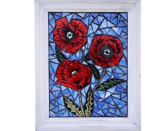 Red Poppy Stained Glass Mosaic Panel, Flower Garden Artwork for Hanging in Window, Hand Painted Poppies with Blue Background