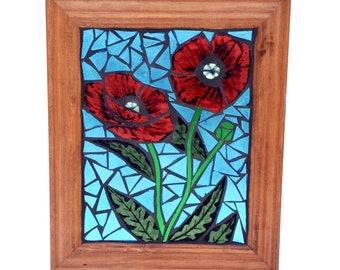 Stained Glass Mosaic Red Poppy Panel, Hand Painted Flower Garden Artwork for Hanging in Window, Church Style Poppies Artwork