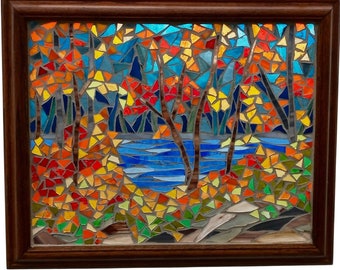 Autumn Woods by a River Stained Glass Mosaic Panel for Hanging in a Window, Artwork of Fall River Landscape with Colourful Foliage