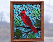 Cardinal Stained Glass Mosaic Panel for Hanging in Window, Red Bird with Maple Leaves, Great Gift for Birdwatcher or for Memory of Loved One