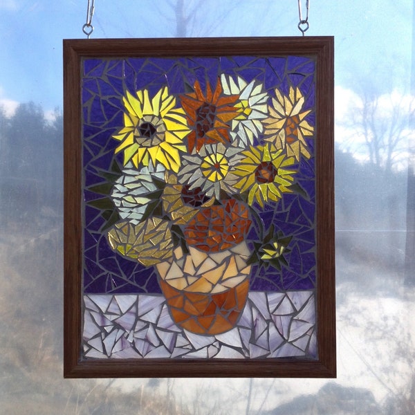 Van Gogh Sunflower Stained Glass Panel, Mosaic Window Hanging of Famous Artwork, Yellow Flowers in Vase with Purple Background