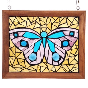 Pastel Insect Artwork Home Decor Turquoise Blue and Pink Stained Glass Butterfly Mosaic Panel for Hanging in Window