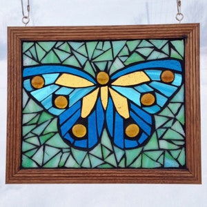 Pastel Insect Artwork Home Decor Turquoise Blue and Pink Stained Glass Butterfly Mosaic Panel for Hanging in Window