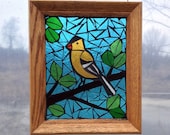 American Goldfinch Bird Stained Glass Mosaic Panel for Hanging in Window, Great Gift for Birdwatcher, Yellow State Bird Suncatcher