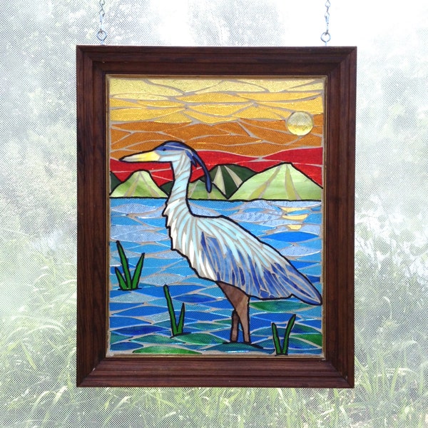 Stained Glass Panel, Mosaic Blue Heron Bird at Sunset