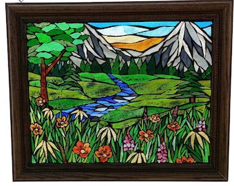 Summertime Mountain Landscape Stained Glass Mosaic Panel for Hanging in a Window, Meadow with stream and Wildflowers