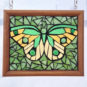 Pastel Insect Artwork Home Decor Turquoise Blue and Pink Stained Glass Butterfly Mosaic Panel for Hanging in Window