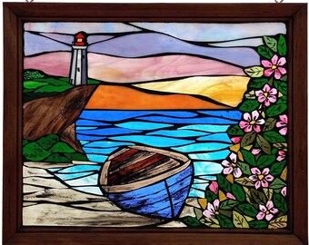 Ocean Landscape with Rowboat and Lighthouse Stained Glass Mosaic Panel for Hanging in Window, Seaside Wild Roses and Sunrise, Cottage decor