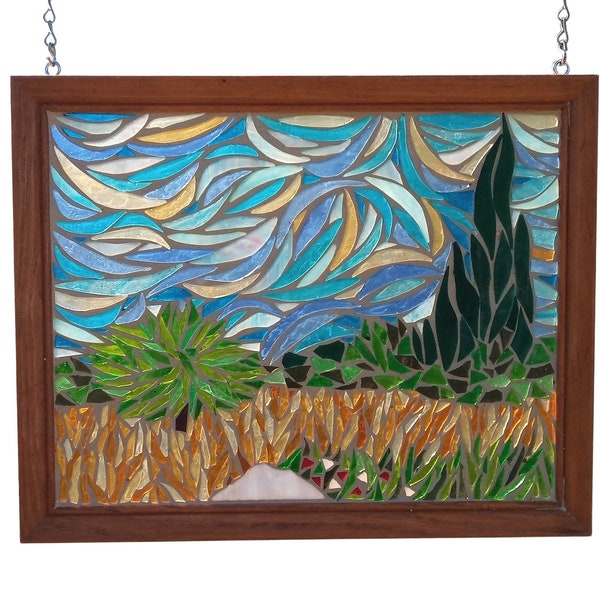 Van Gogh Field with Cypresses Stained Glass Mosaic Panel for Window, Famous Dutch Expressionism Landscape, French Countryside Painting