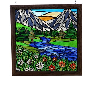 Mountain Meadow Stained Glass  Mosaic Panel for Hanging in a Window, Landscape with Evergreens, daisies and orange wildflowers and a stream