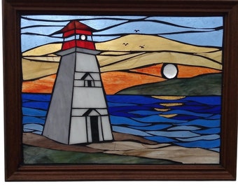 Stained Glass Lighthouse at Sunrise Mosaic Seascape Panel, Summer Ocean Beach Scene with Orange Sky and Sun, Artwork for Window