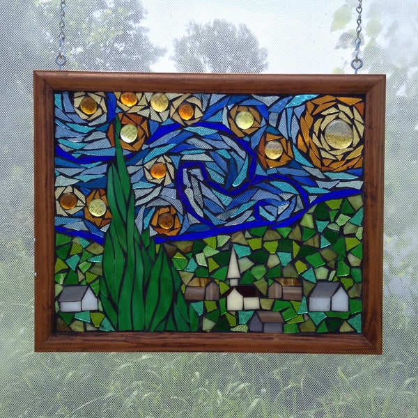 Starry Night Stained Glass Mosaic Panel, Van Gogh Masterpiece Window Hanging