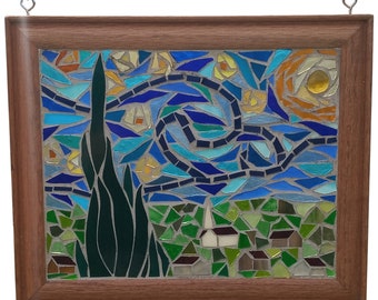 Starry Night Stained Glass Mosaic Panel for Window, Van Gogh Masterpiece Artwork Hanging, Famous Dutch Painting of Nighttime Landscape