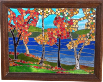 Colourful Fall Trees by a River Stained Glass Mosaic Panel for Hanging in a Window, Artwork of Autumn River Landscape with Maples and Birch