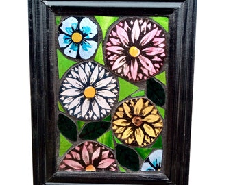 Flower Garden Stained Glass Mosaic Suncatcher for Hanging in Window, Hand Painted Church Style Glass, Daisy Sunflower Blossoms