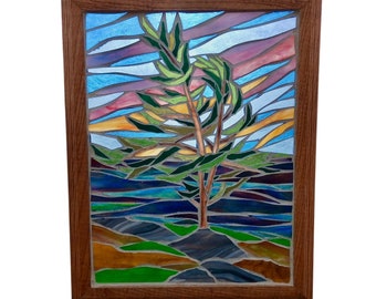 Northern Pine Stained Glass Mosaic Panel, Rugged Landscape of Lake with Windswept Evergreen Tree and Colourful Sunrise Sky