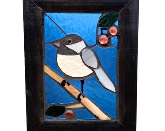 Black Capped Chickadee Bird Stained Glass Mosaic Suncatcher for Window, Great gift for Birdwatcher, Cherry Red Berries, Nature Scene