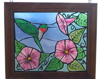 Ruby Throated Hummingbird Stained Glass Mosaic Panel for Hanging in Window, Pink Morning Glory Flowers with Bird Suncatcher