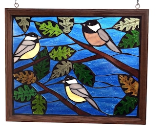 Chickadees in Autumn Oak Tree Stained Glass Mosaic Panel for Hanging in Window,  Birds in a Fall Tree, Great Gift for Birdwatcher