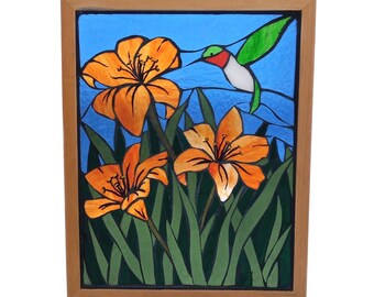 Hummingbird with Orange Lilies Stained Glass Mosaic Panel for Hanging in Window, Bird with flowers Artwork