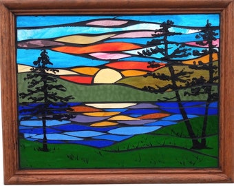 Sunrise at Lake Stained Glass Mosaic Panel for Hanging in Window, Scenic Landscape in Glass with Streaky Sky