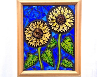 Sunflower Stained Glass Panel, Hand Painted Mosaic Sunflowers Window Hanging, Church Window Style Artwork,  Sunflower Sun Catcher Decor