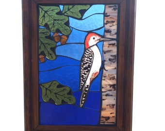 Stained Glass Woodpecker Mosaic Panel for Hanging in a Window, Red-Bellied Bird Nature Artwork with Oak Leaves, a Great Gift for Birdwatcher