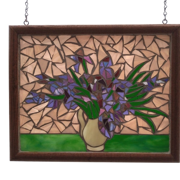 Van Gogh Stained Glass Mosaic Panel,  Purple Irises in Vase Still Life Artwork, Floral Masterpiece Window Hanging