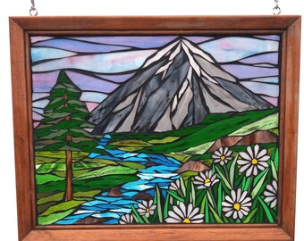 Stained Glass Mountain Meadow  Mosaic Panel for Hanging in a Window, Landscape with Evergreens and Daisies and a Winding Stream