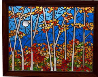 Fall Foliage Stained Glass Panel,  Autumn Woodland Landscape with Colourful Leaves, Mosaic for Hanging in Window