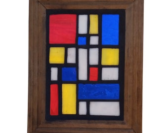 Piet Mondrian Style Stained Glass Mosaic Suncatcher, Color Block Window Hanging, Geometric Squares Sun Catcher in Primary Colors