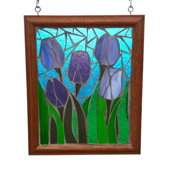 Purple Tulip Bulb Stained Glass Mosaic Panel for Window, Lavender Spring Flower Blossoms with Turquoise Blue Sky