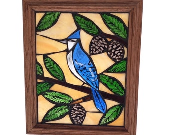 Blue jay in Evergreen Tree  Stained Glass Mosaic Panel, Jay Bird Nature Artwork, Suncatcher for Birdwatcher or Baseball fan