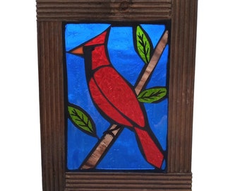 Red Cardinal Bird Stained Glass Mosaic Suncatcher for Window, Great gift for Birdwatcher