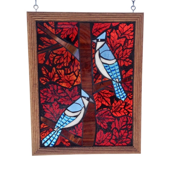Blue Jay Bird Suncatcher, Stained Glass Panel Window Hanging, Mosaic Artwork Fall Nature Scene, Hand Painted Glass Red Maple Leaves