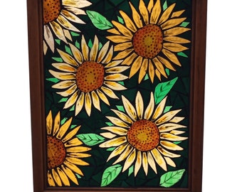 Sunflower Stained Glass Mosaic Hand Painted Panel for Hanging in Window, Church Style Floral Garden Artwork, Yellow Flowers