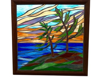 Northern Pines Stained Glass Mosaic Panel, Rugged Landscape of Lake with Windswept Pines and Colourful Sunrise Sky