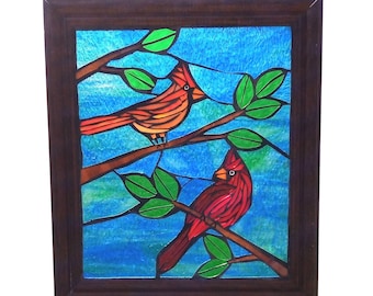 Male and Female Cardinal Stained Glass Birds in Tree Mosaic Panel for Hanging in Window, Great Gift for Birdwatcher or to Remember Loved One