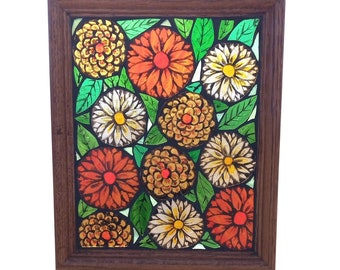 Orange and Yellow Daisy and Zinnia Flower Garden Stained Glass Mosaic Panel for Hanging in Window,  Church Style Hand-Painted Artwork