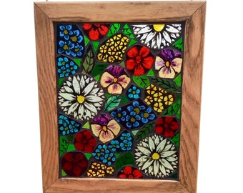 Flower Garden Hand Painted Stained Glass Mosaic Panel for Hanging in Window, Church Style Artwork with Daisies, Poppies, and Pansies