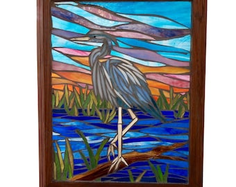 Great Blue Heron Stained Glass Mosaic Panel for Hanging in Window, Crane on Lake with Pink and Orange Sunrise Sky, Gift for Bird Watcher