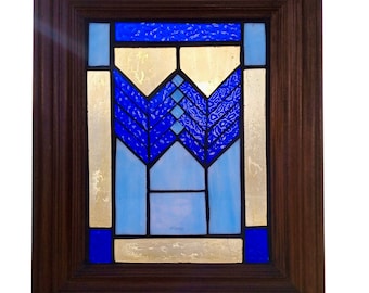 Art Deco Stained Glass Mosaic Window Hanging, Prairie Design Style Panel in Yellow and Blue