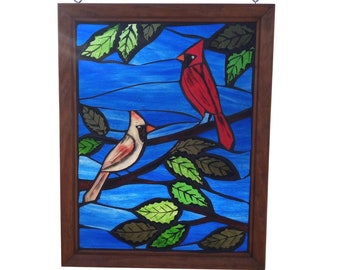 Stained Glass Red Cardinal Male and Female Birds in Tree,  Mosaic Panel for Hanging in Window, Great Gift for Birdwatcher