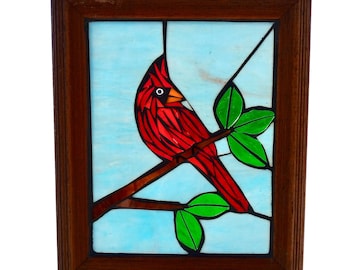 Red Cardinal Suncatcher, Mosaic Artwork Stained Glass Panel for Hanging in Window,  Great Gift for Birdwatcher or for Memory of Loved One