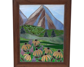 Summertime Mountain Landscape Stained Glass Mosaic Panel for Hanging in a Window, Black Eyed Susans in Field of Wildflowers