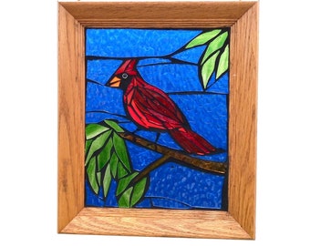 Stained Glass Mosaic Red Cardinal Panel for Hanging in Window, Bird in Tree Artwork, Great Gift for Birdwatcher or for Memory of Loved One