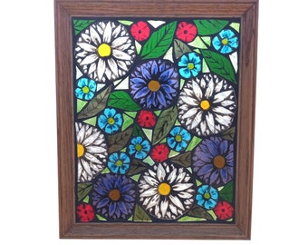 Daisy Flower Garden Hand Painted Stained Glass Mosaic Panel for Hanging in Window,  Floral Artwork with White, Blue and Purple Blooms