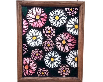 White and Pink Daisy Flower Garden Stained Glass Mosaic Panel for Hanging in Window,  Church Style Hand-Painted Artwork