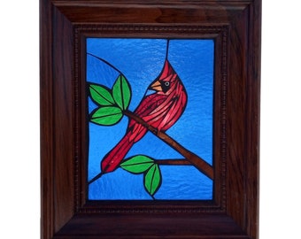 Cardinal Stained Glass Bird Suncatcher, Mosaic Artwork Panel for Hanging in Window,  Great Gift for Birdwatcher or for Memory of Loved One