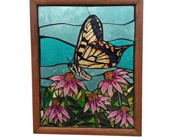 Yellow Swallowtail Stained Glass Butterfly Mosaic Panel for Hanging in Window, Purple Coneflowers and Eastern Tiger, Hand Painted Flower